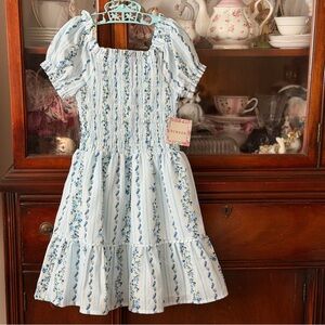 btween White with Light Blue Floral Smocked Puff Sleeve Dress NWT’s